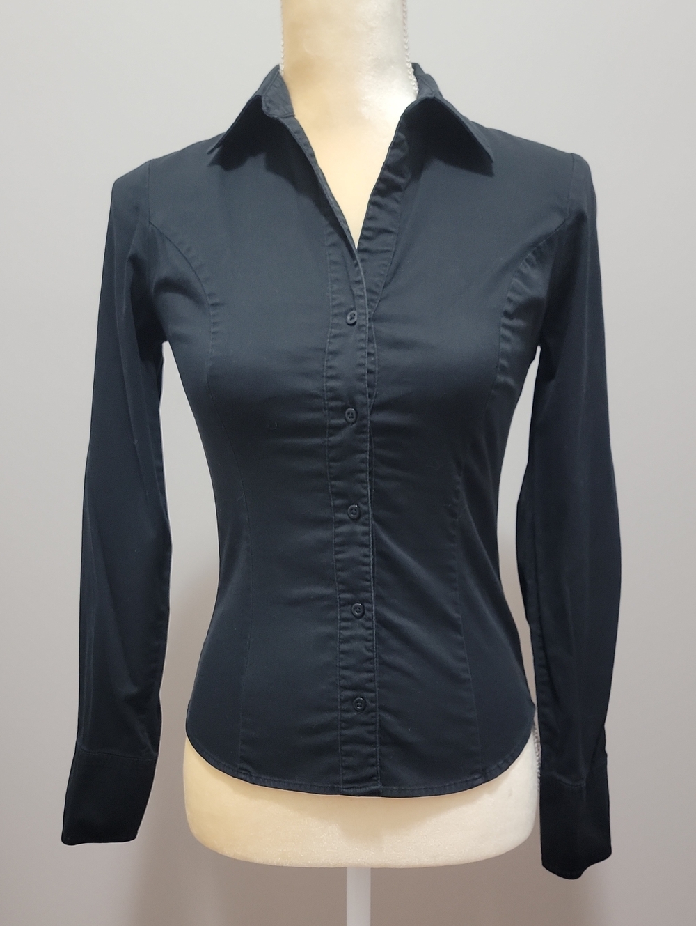 VTG George Stretch Black Soot Button Down Tailored Blouse XS 2 Office Siren